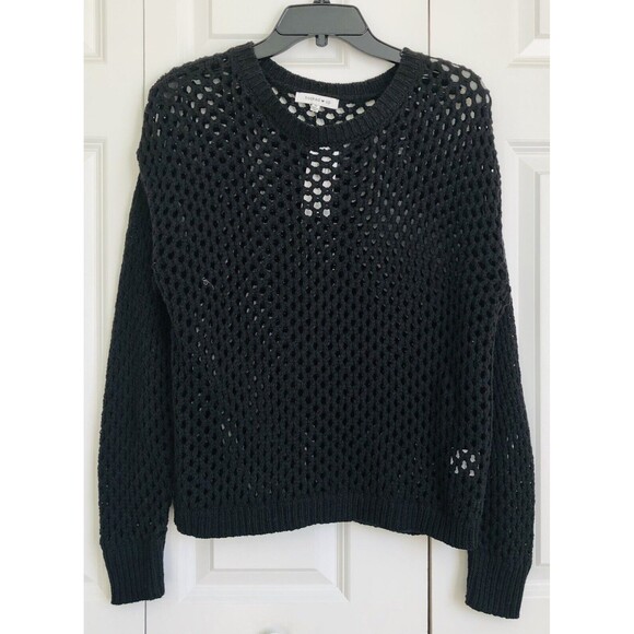 OVERSIZED POINTELLE KNIT SWEATER SIZE MEDIUM BLACK PULLOVER CROCHET HOOKED UP168 - Picture 2 of 6